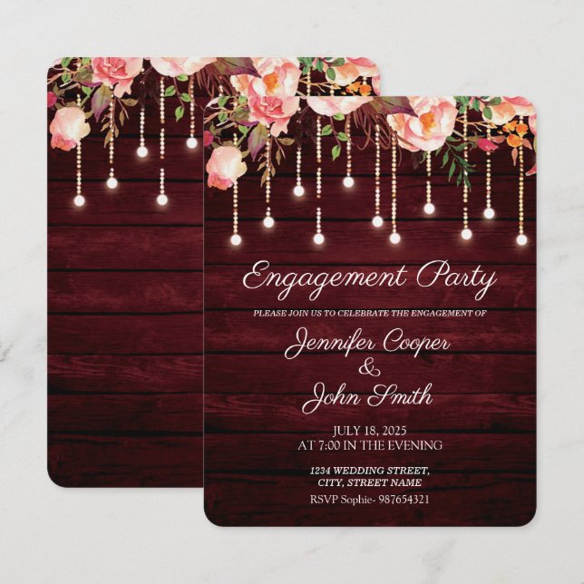 Invitation Floral Maroon Wood Rustic (Devant / Derrière)
