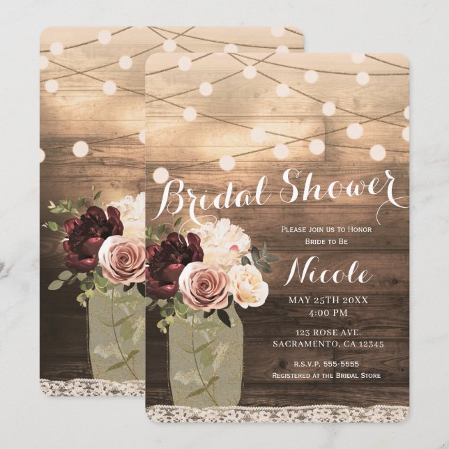 Invitation Floral Mason Jar & Lights Rustic Country Bride (Devant / Derrière)