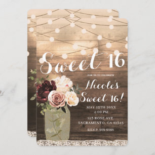 Invitation Floral Mason Jar & Lights Rustic Country Sweet 16