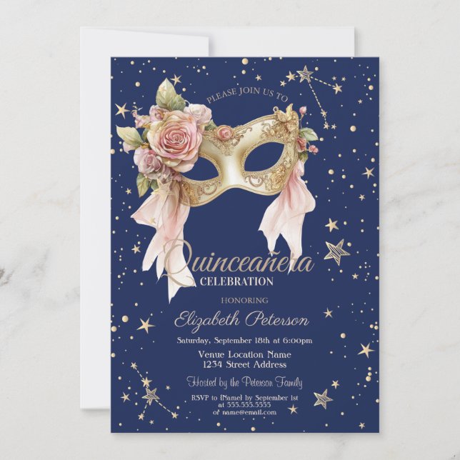 Invitation Floral Masque Stars Navy Blue Quinceañera (Devant)