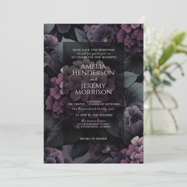 Invitation Floral mauve Moody avec détails (Debout devant)
