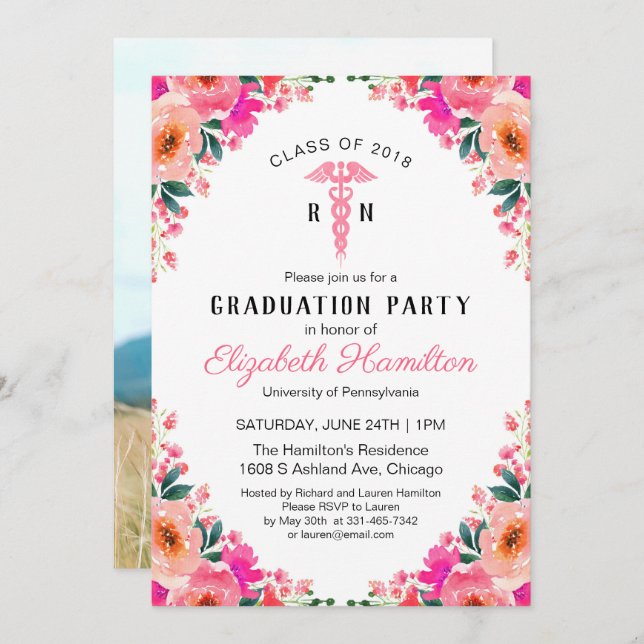 Invitation Floral Médicale Nuring School Grad Party Photo (Devant / Derrière)
