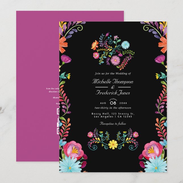Invitation Floral mexicain Fiesta QR Code RSVP Mariage (Devant / Derrière)
