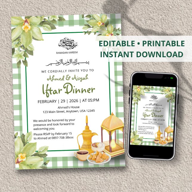 Invitation Floral Mignon Vert Sauge Gingham Ramadan Iftar (Créateur téléchargé)