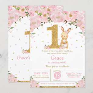 Invitation Floral mignonne lapin lapin fille 1er anniversaire