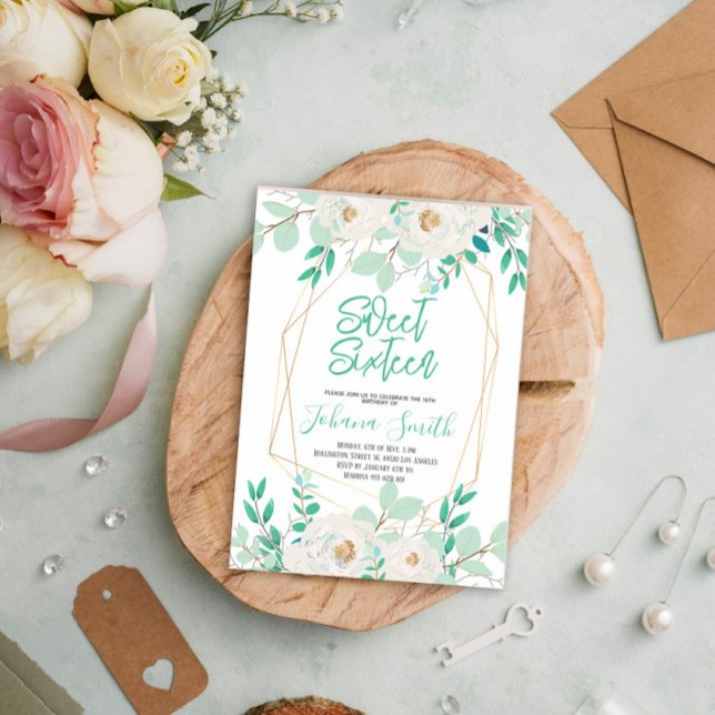 Invitation Floral Mint Blue Sweet sixteen Anniversaire Invita (Créateur téléchargé)