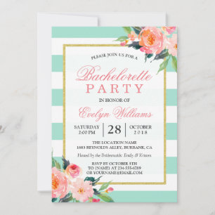 Invitation Floral Mint Green Stripes Gold Bachelorette