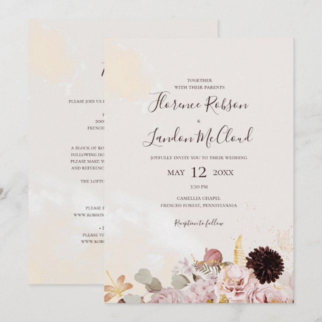 Invitation Floral moderne Aquarelle simple tout en un Mariage (Devant / Derrière)