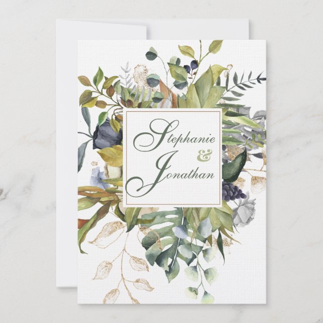 Invitation Floral moderne |Bleu et vert | MARIAGE (Devant)