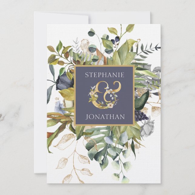 Invitation Floral moderne bleu & vert w Ampersand Mariage (Devant)
