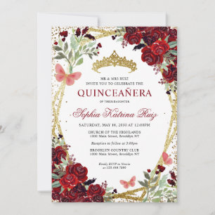 Invitation Floral moderne Bourgogne Rouge Or Tiara Quinceañer