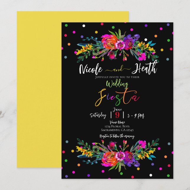 Invitation Floral moderne brillant et Mariage Fiesta noir (Devant / Derrière)
