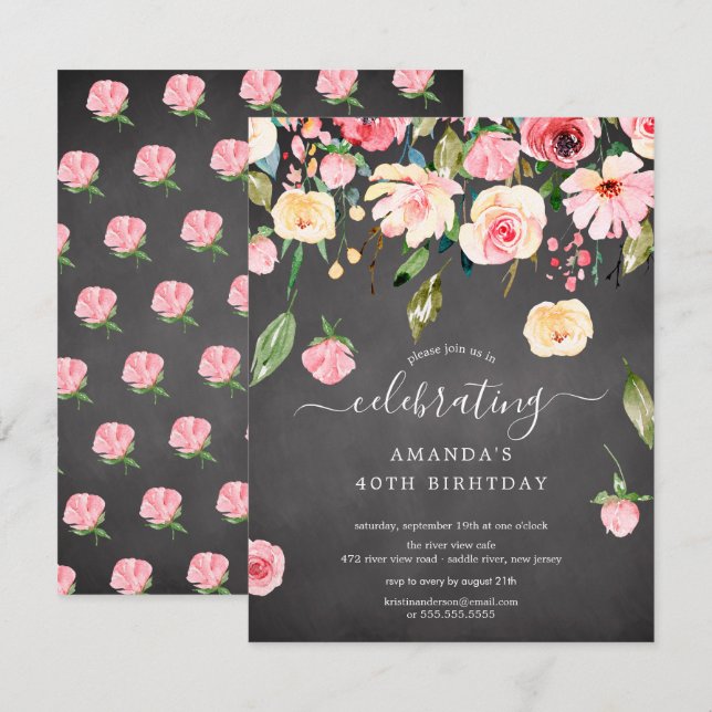 Invitation Floral moderne Drop Peonies roses Anniversaire Fêt (Devant / Derrière)