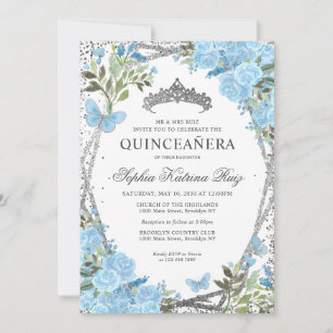 Invitation Floral moderne Dusty Bleu Argent Tiara Quinceañera