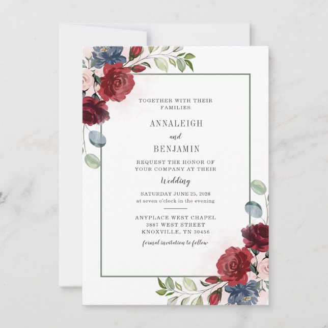 Invitation Floral moderne Dusty Blue Bourgogne Mariage de feu (Devant)