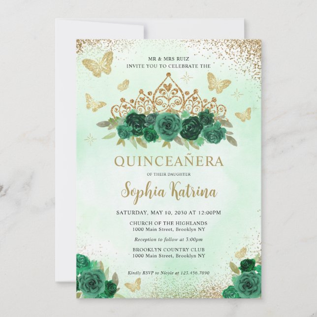 Invitation Floral moderne Emerald Vert Or Tiara Quinceañera (Devant)