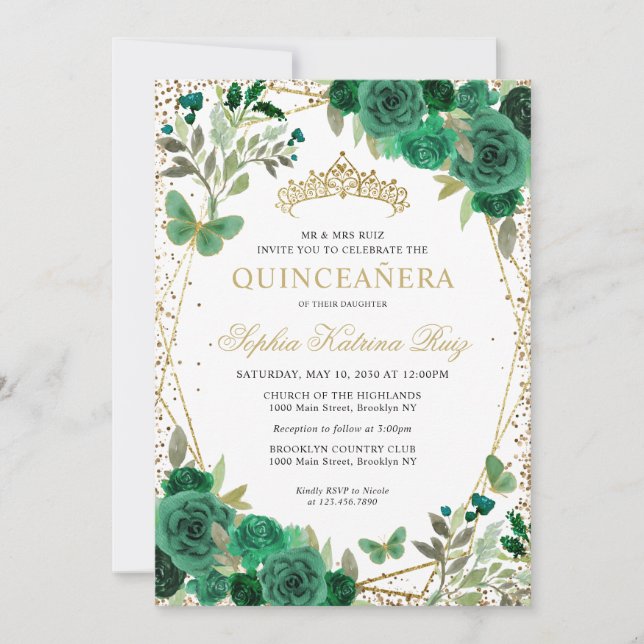 Invitation Floral moderne Emerald Vert Or Tiara Quinceañera (Devant)