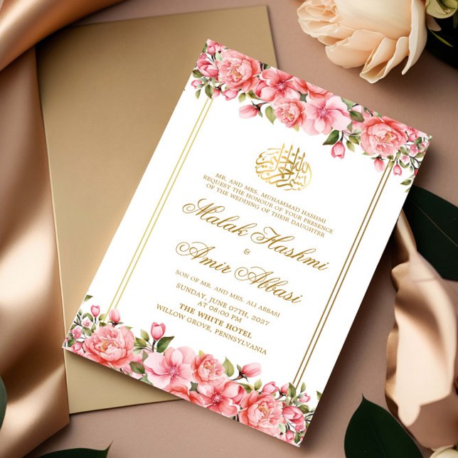 Invitation Floral moderne et cadre d'or Mariage musulman isla (Créateur téléchargé)