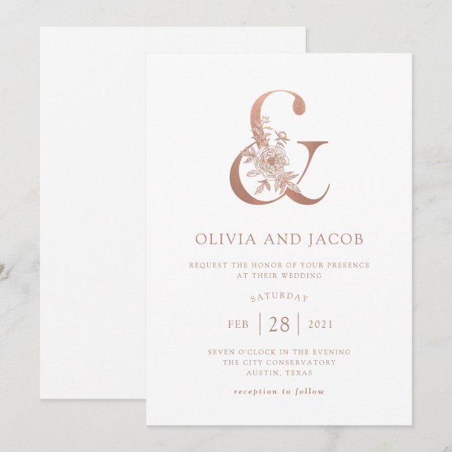 Invitation Floral moderne | Faux Rose Gold Ampersand Mariage (Devant / Derrière)