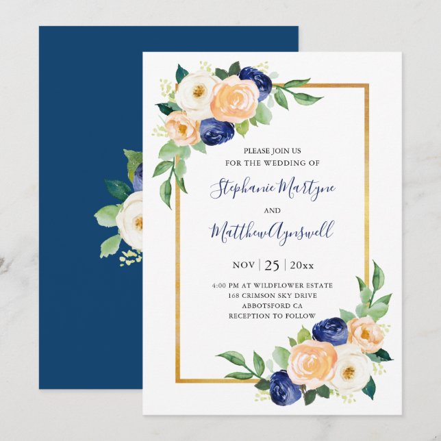 Invitation Floral moderne Mariage de corail bleu (Devant / Derrière)