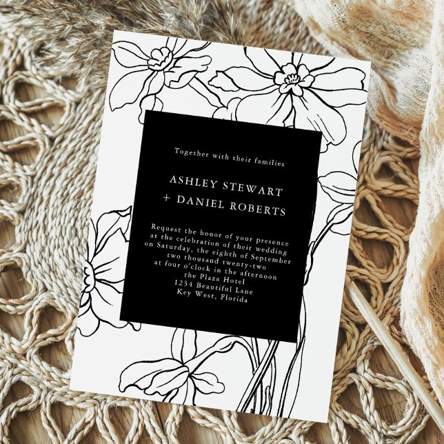 Invitation Floral moderne Mariage noir et blanc (Créateur téléchargé)