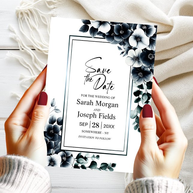 Invitation Floral moderne noir et blanc Enregistrer la date (Créateur téléchargé)