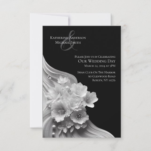 Invitation Floral moderne noir et blanc Mariage - (Devant)