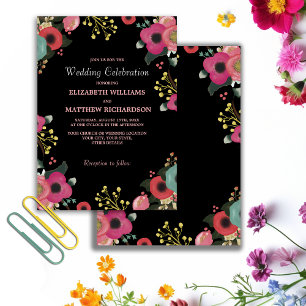 Invitation Floral moderne noir   Rose   Mariage Turquoise