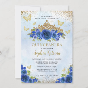 Invitation Floral moderne Royal Blue Gold Tiara Quinceañera