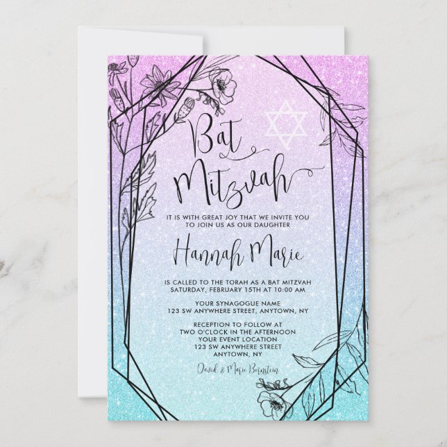 Invitation Floral moderne violet Turquoise Faux Parties scint (Devant)