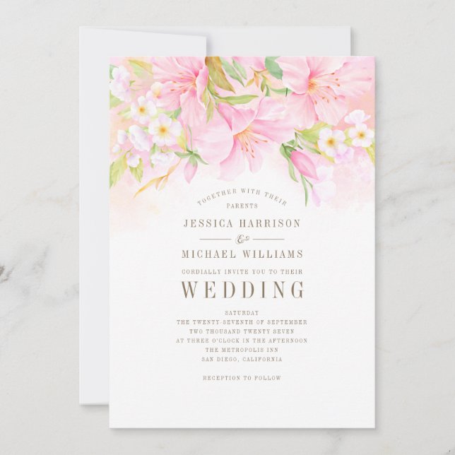 Invitation Floral Monogramme Aquarelle Bleu rose Mariage Boho (Devant)