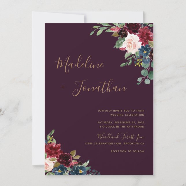 Invitation Floral Moody Amethyst Plum Jewel Mariage (Devant)