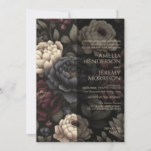Invitation Floral Moody bleu marine et bordeaux avec code QR