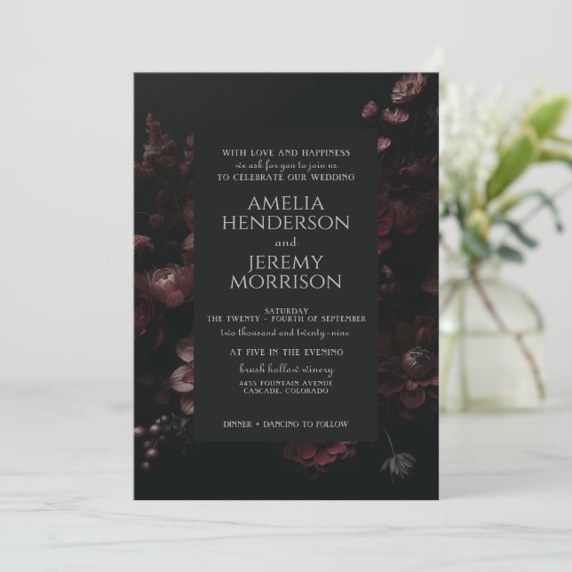 Invitation Floral Moody Bourgogne avec code QR (Debout devant)