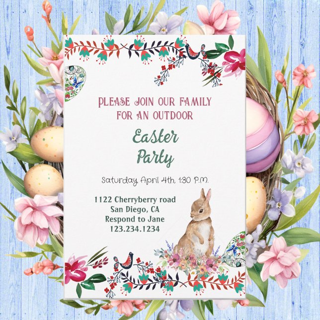 Invitation Floral Motif Oeuf Aquarelle Verdure Lapin de Pâque (Floral Motif Egg Watercolor Greenery Easter Bunny Invitation)