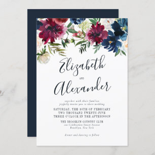 Invitation Floral Navy Bleu Bourgogne Élégant Mariage Script