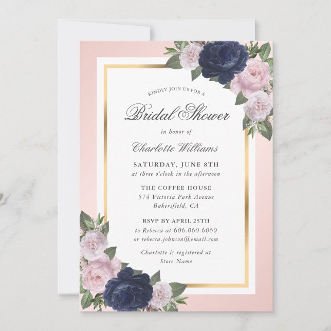 Invitation Floral Navy Blue Gold Blush Fête des mariées rose (Devant)