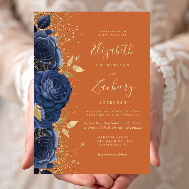 Invitation Floral Navy Blue Gold brûlé Orange Mariage (Créateur téléchargé)