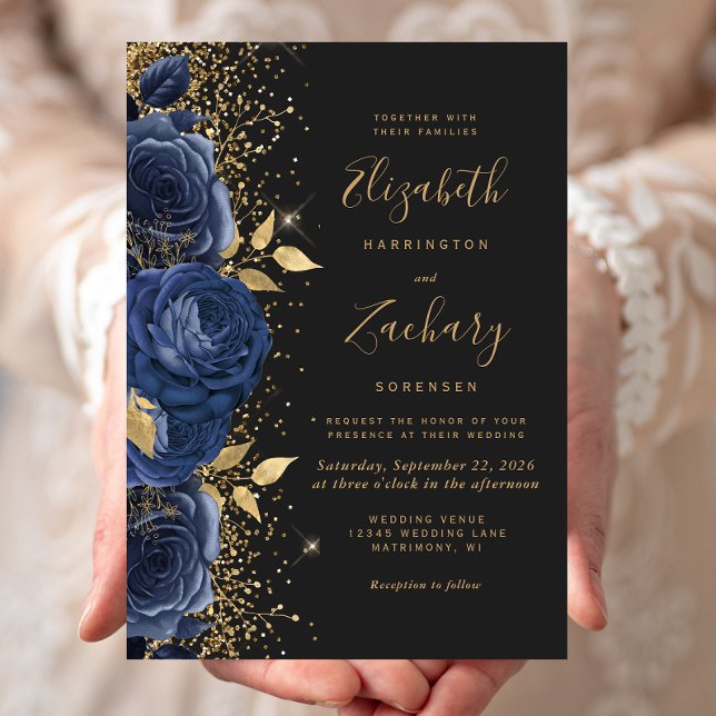 Invitation Floral Navy Blue Gold Off-Black Mariage (Créateur téléchargé)