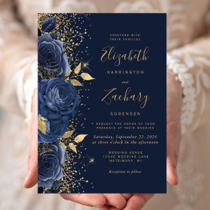 Invitation Floral Navy Blue Gold Parties scintillant Mariage