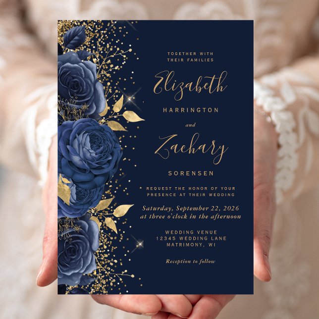 Invitation Floral Navy Blue Gold Parties scintillant Mariage (Créateur téléchargé)