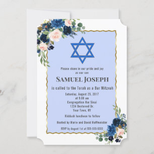 Invitation Floral Navy Blue Gold Star de David Bar Mitzvah