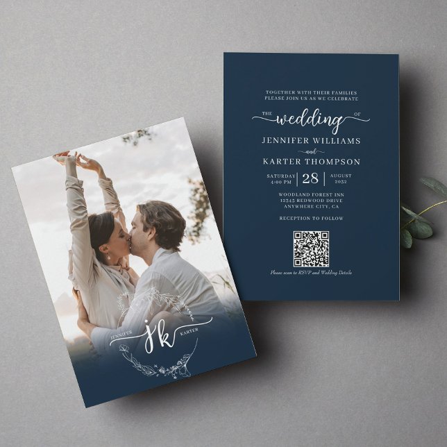 Invitation Floral Navy Blue Monogramme Photo QR Code Mariage (Créateur téléchargé)