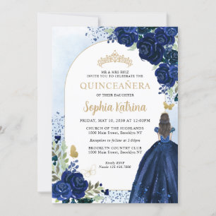 Invitation Floral Navy Blue Princess Anniversaire Quinceanera