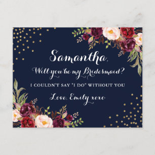 Invitation Floral Navy Bourgogne Seras-Tu Ma Demoiselle D'Hon