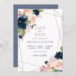 Invitation Floral Navy et Blush Géométrique Enregistrer la da