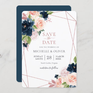 Invitation Floral Navy et Blush Géométrique Enregistrer la da