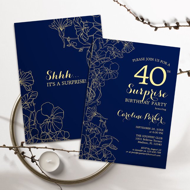 Invitation Floral Navy Gold Surprise 40e fête d'anniversaire (Créateur téléchargé)