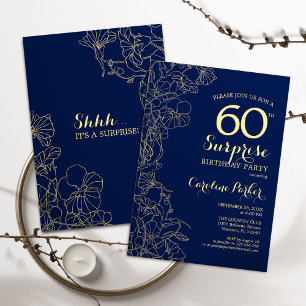 Invitation Floral Navy Gold Surprise 60e fête d'anniversaire
