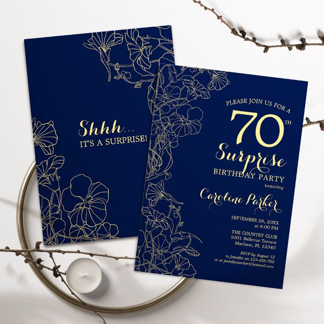 Invitation Floral Navy Gold Surprise 70e anniversaire fête (Créateur téléchargé)